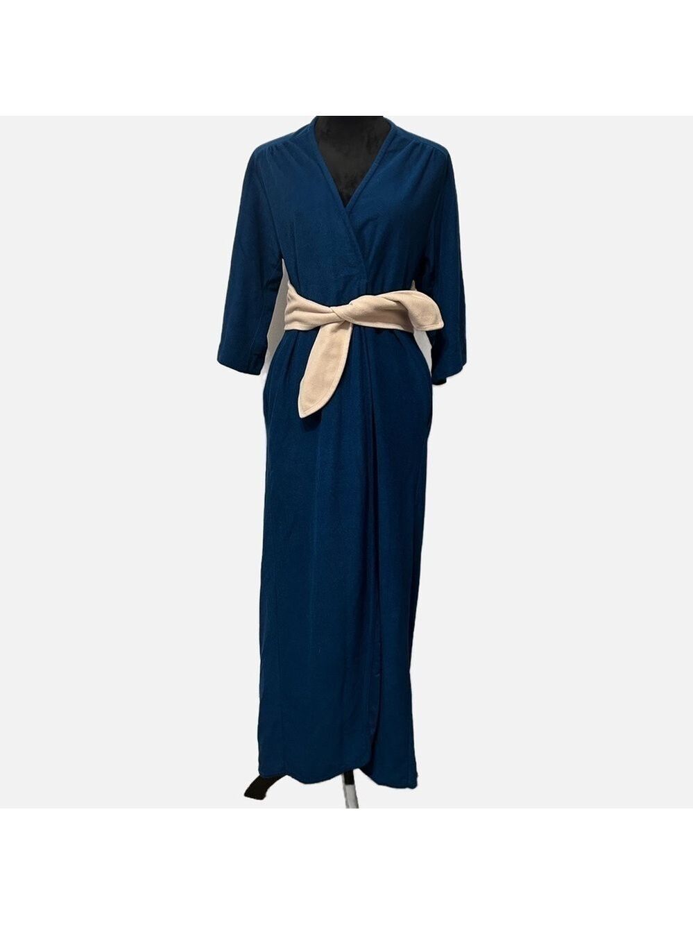 Vintage 70s Vassarette Velour Robe Housecoat Wrap Belted Blue M Snap Closure